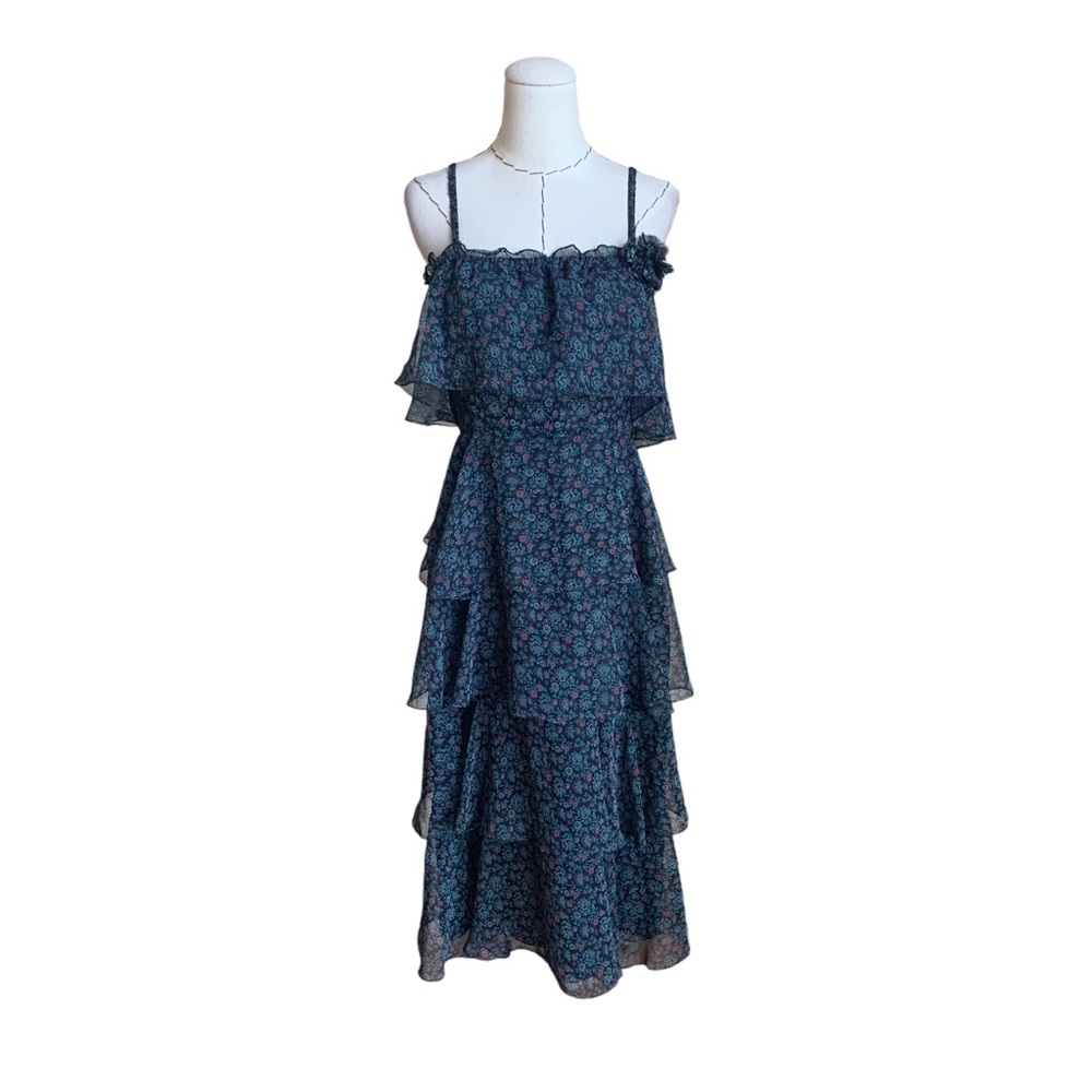 Vintage 70s Tiered Floral Chiffon Tea Dress Small/Medium
